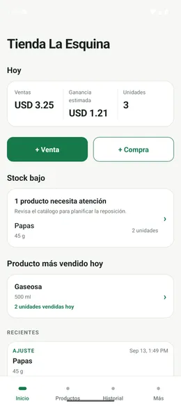 Pantalla de inicio de StockApp con ventas del día, ganancia estimada y aviso de stock bajo.