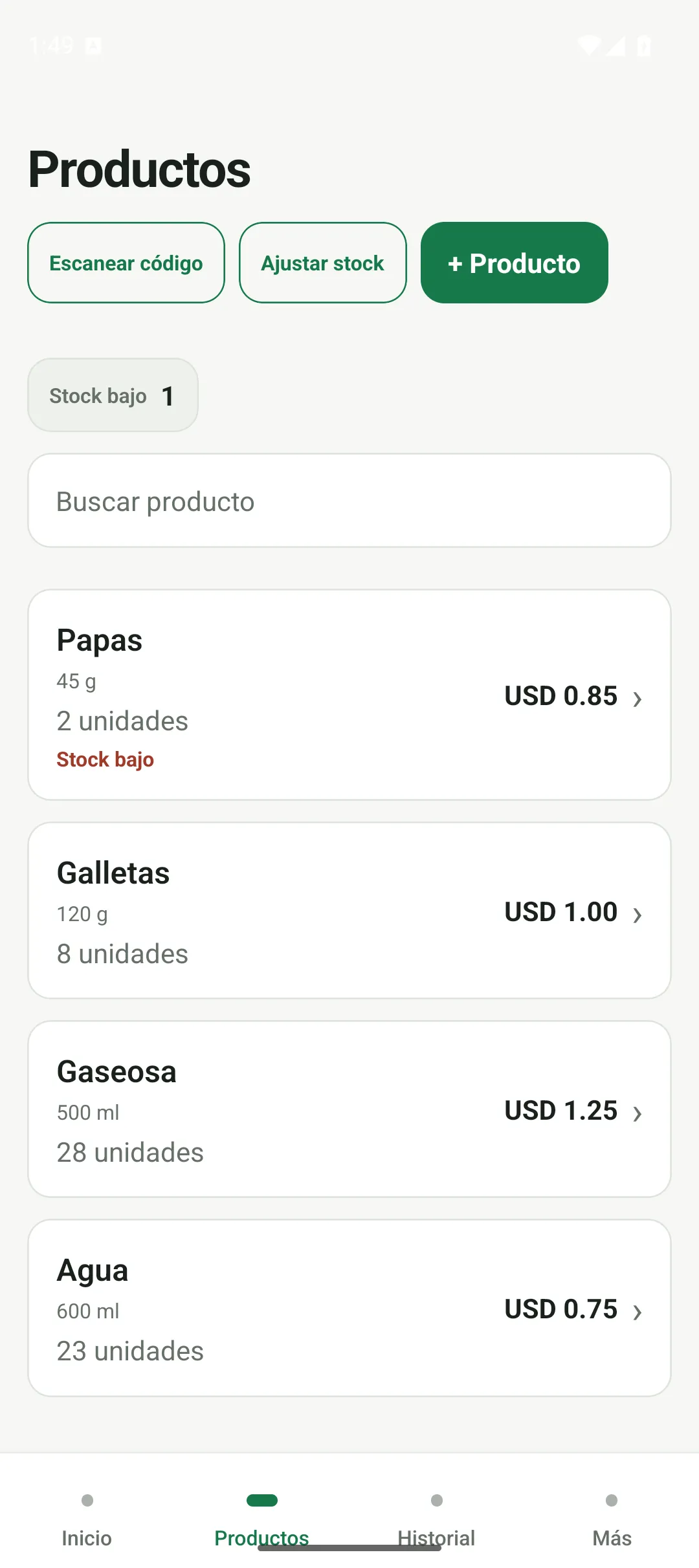 Catálogo de StockApp con productos, existencias, precios de venta y aviso de stock bajo.