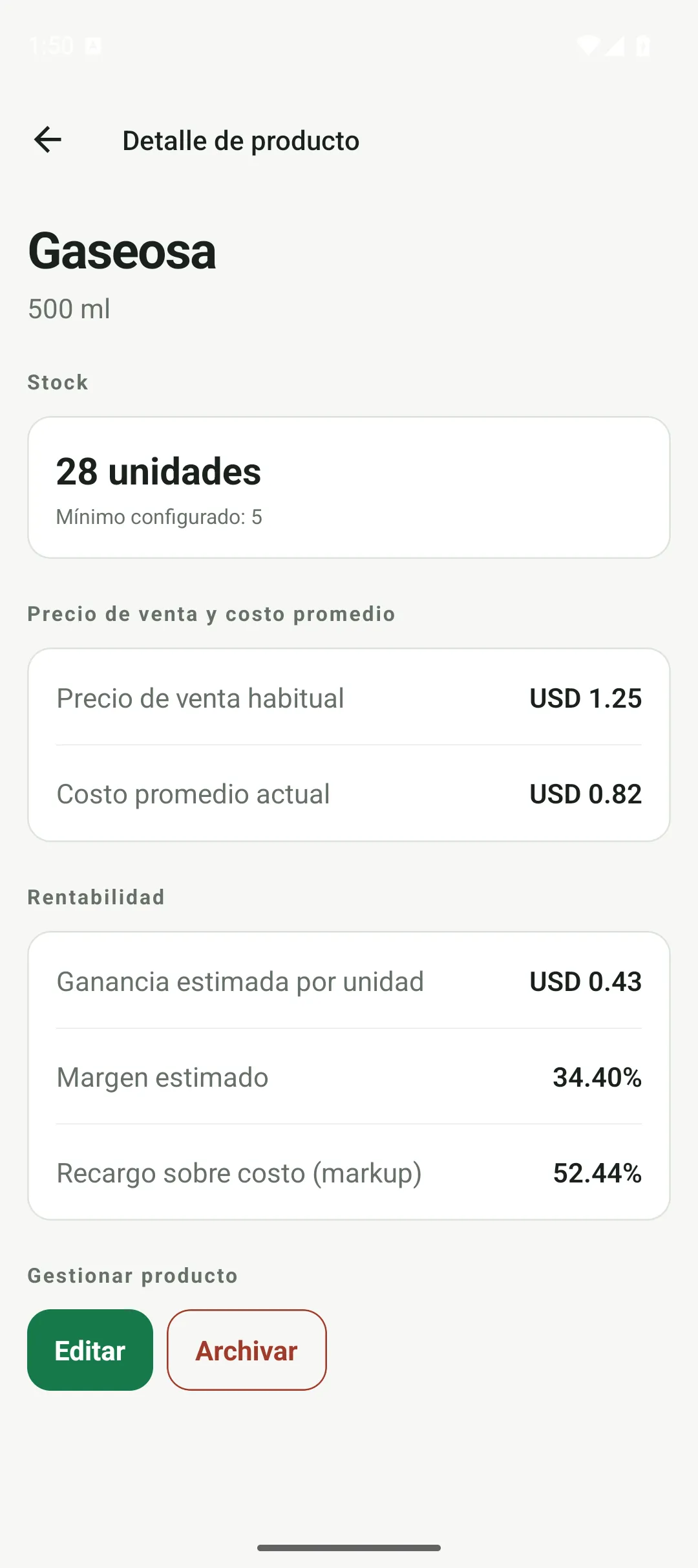 Detalle de un producto en StockApp con stock, costo promedio, precio y rentabilidad estimada.
