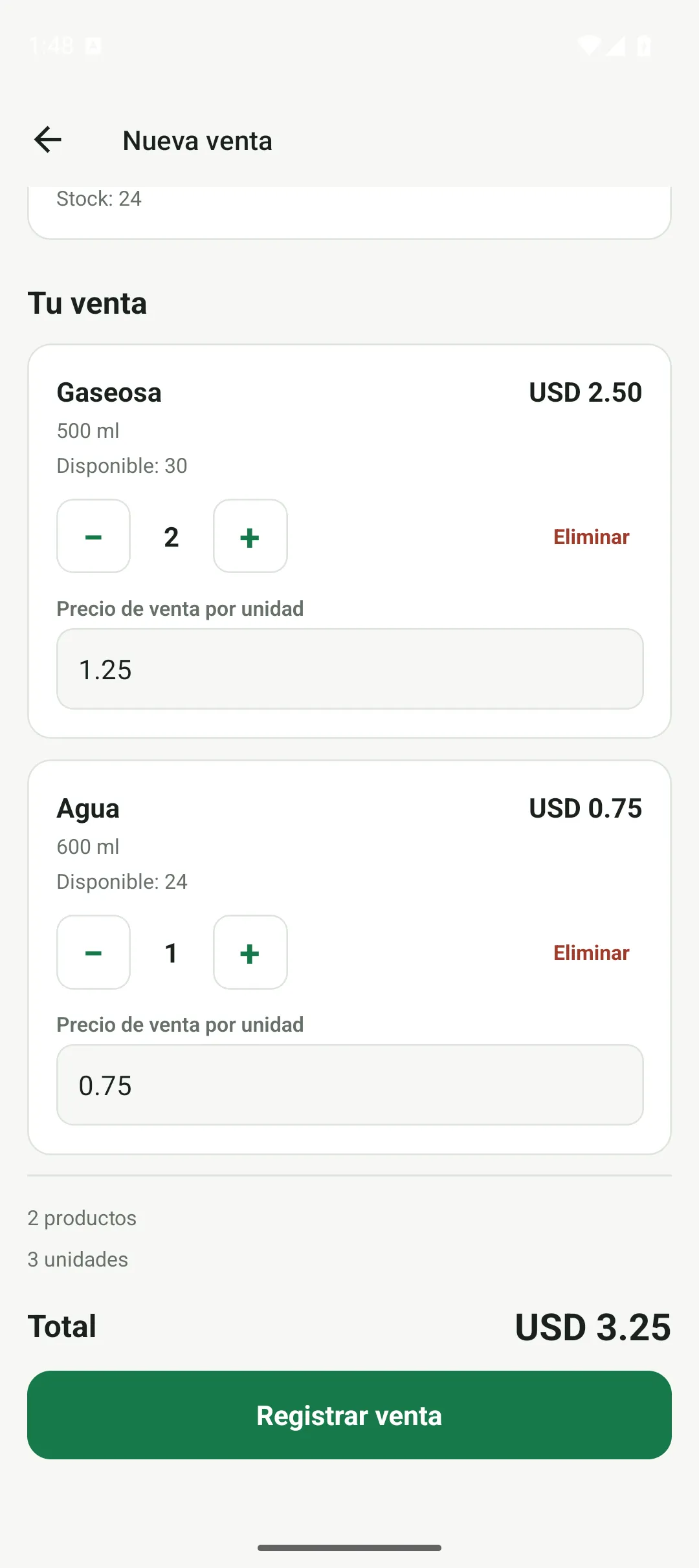 Nueva venta en StockApp con dos productos, cantidades, precios y total por registrar.
