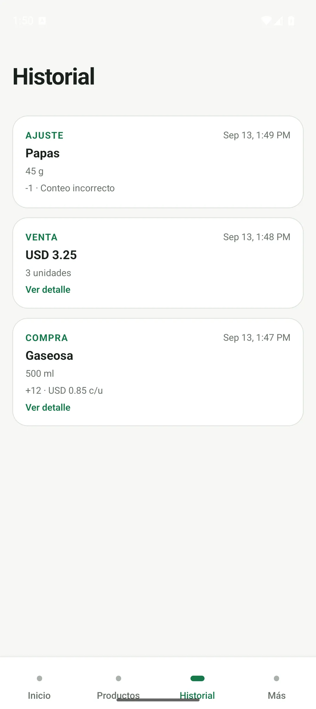 Historial de StockApp con un ajuste, una venta y una compra de la tienda ficticia.